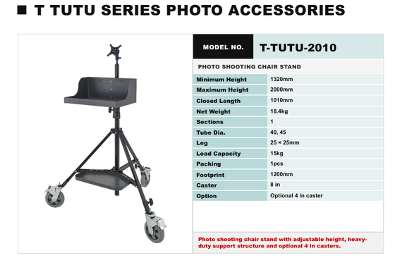 Chaise de photo professionnelle avec hauteur réglable 1320-2000 mm, support de travail lourd et empreinte de 1200 mm